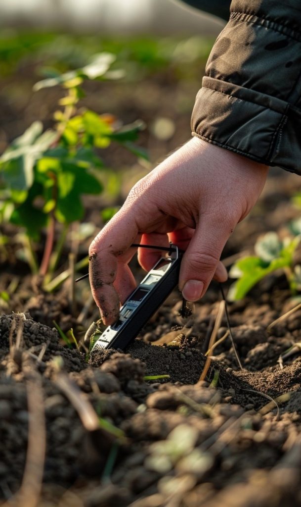 Digital soil pH meter inserted into garden soil to measure acidity and alkalinity levels